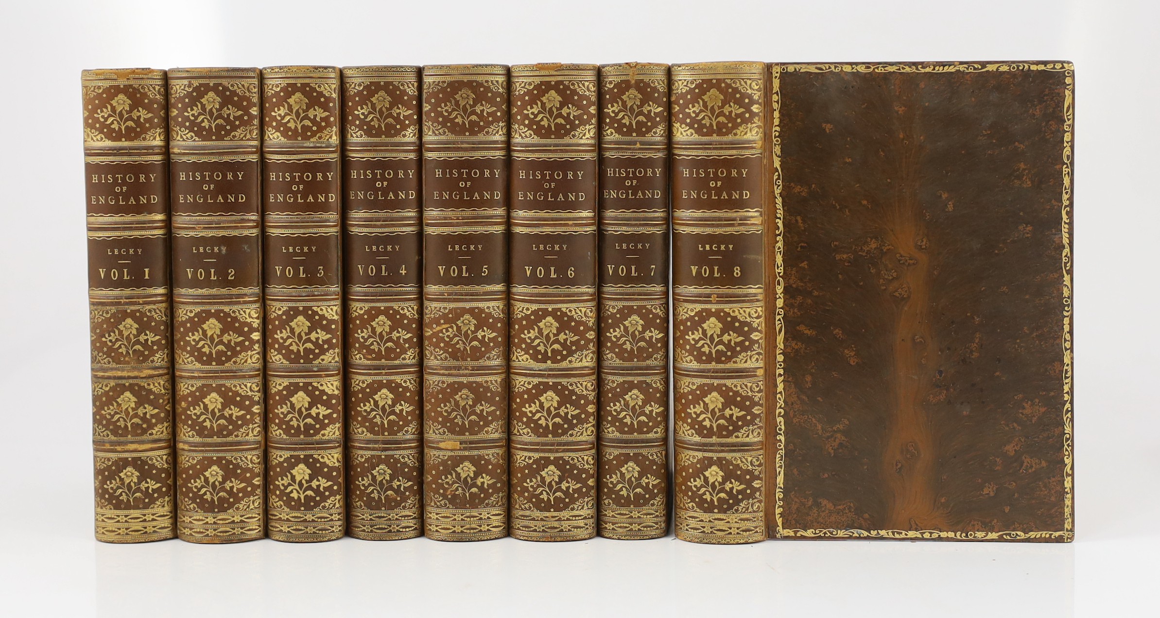 Lecky, William Edward Hartpole - A History of England in the Eighteenth Century. 8 vols. (mixed editions). contemp. tree calf, gilt-tooled covers